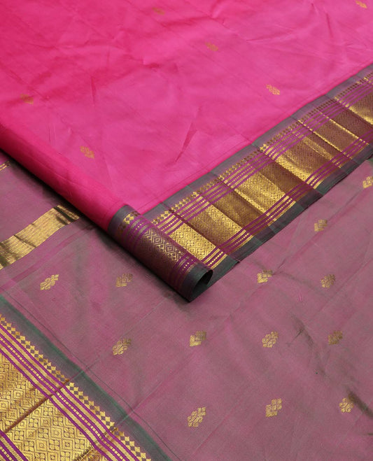 Rani pink zari buttas silk saree, contrast one-sided border of panner sombu,muthu,banaras & jaal & zari design pallu