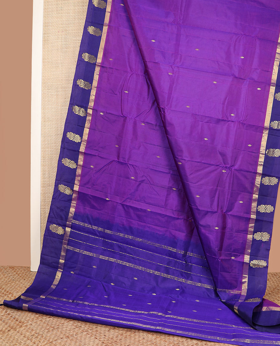 Purple zari buttas Kanchipuram silk saree, contrast floral zari design border, and zari design pallu
