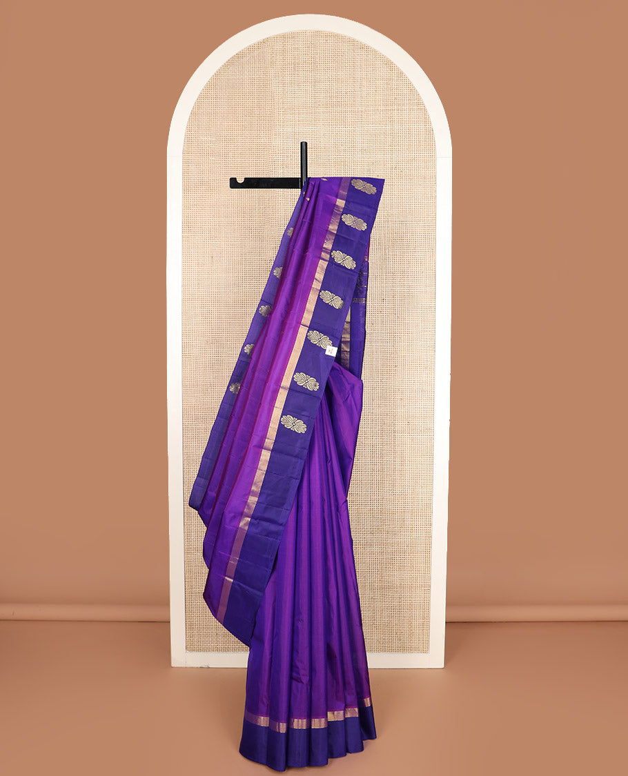 Purple zari buttas Kanchipuram silk saree, contrast floral zari design border, and zari design pallu