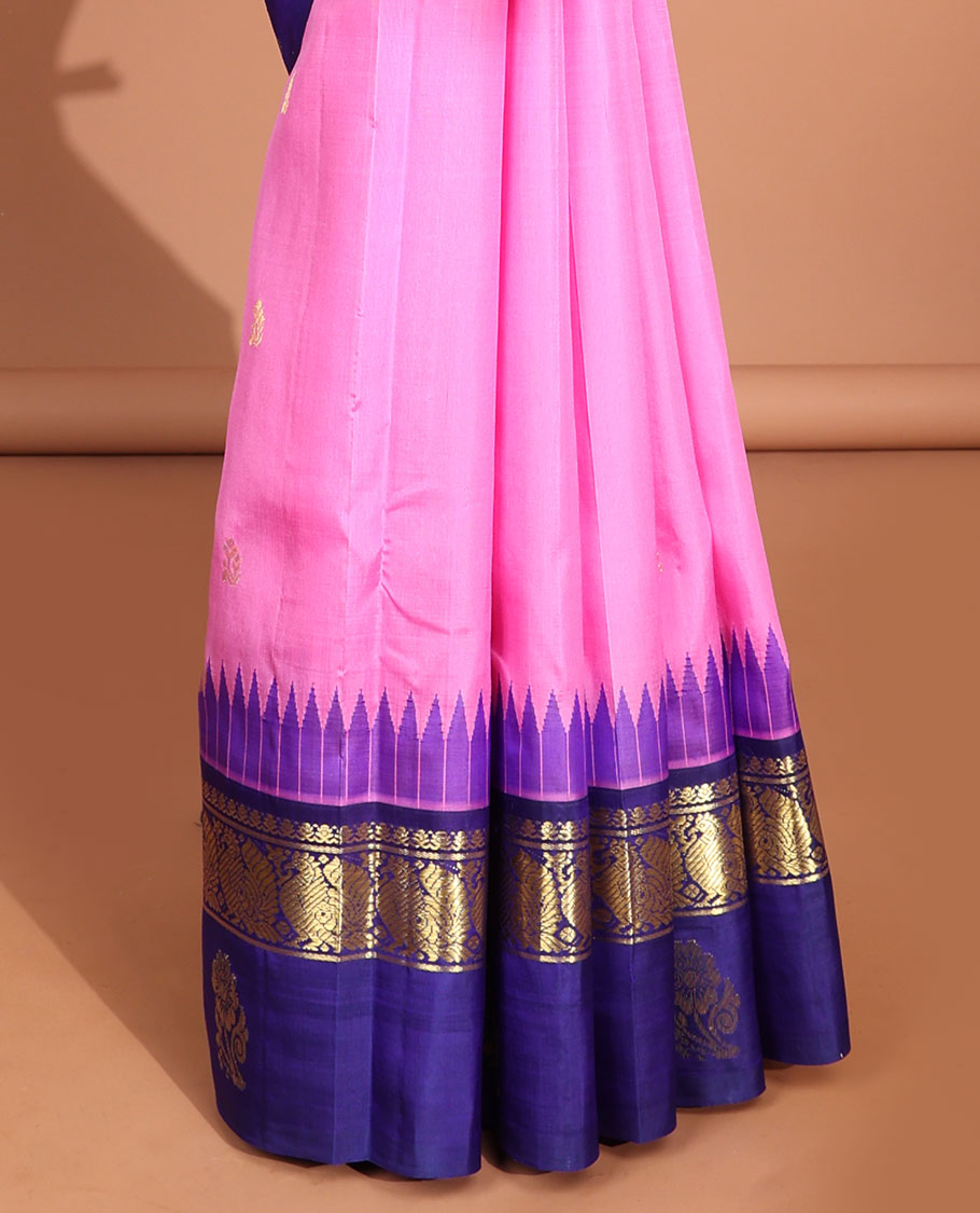 Pink leaf buttas kancheepuram silk saree with contrast border of thilkam mokku, banaras , mayil designs & zari design pallu