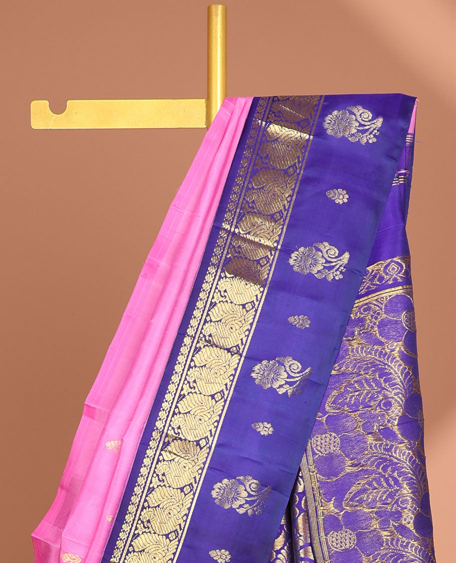Pink leaf buttas kancheepuram silk saree with contrast border of thilkam mokku, banaras , mayil designs & zari design pallu