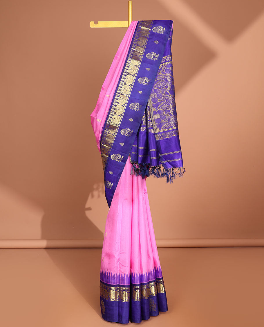 Pink leaf buttas kancheepuram silk saree with contrast border of thilkam mokku, banaras , mayil designs & zari design pallu
