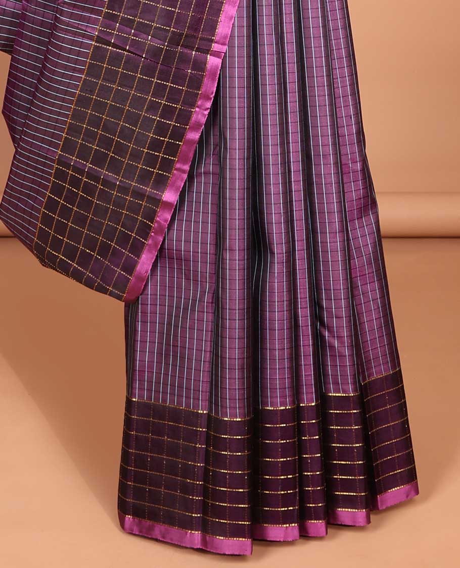 Purple checked, floral kancheepuram silk saree with contrast striped border & striped ,floral design pallu