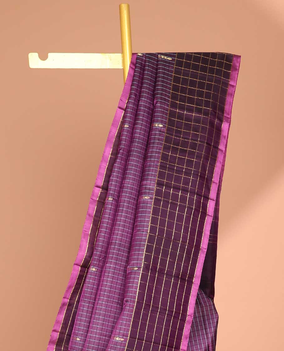 Purple checked, floral kancheepuram silk saree with contrast striped border & striped ,floral design pallu
