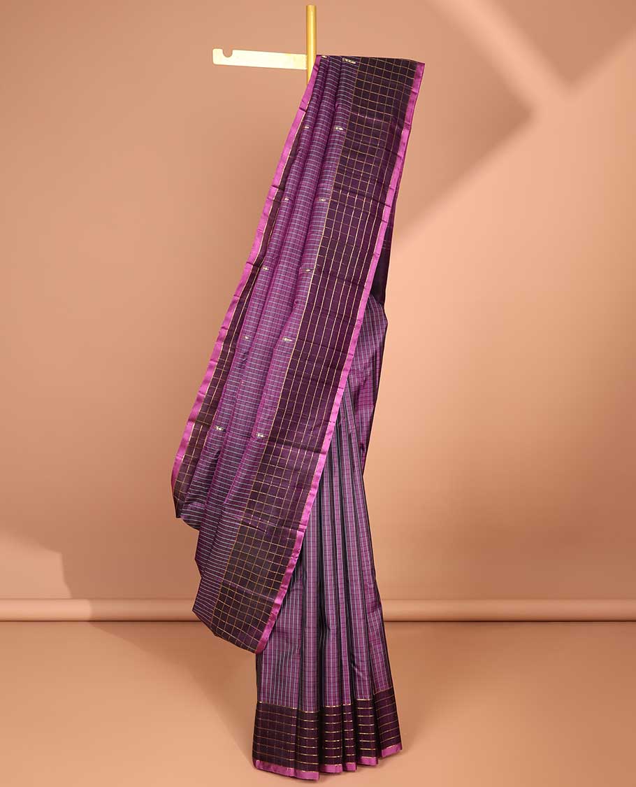 Purple checked, floral kancheepuram silk saree with contrast striped border & striped ,floral design pallu