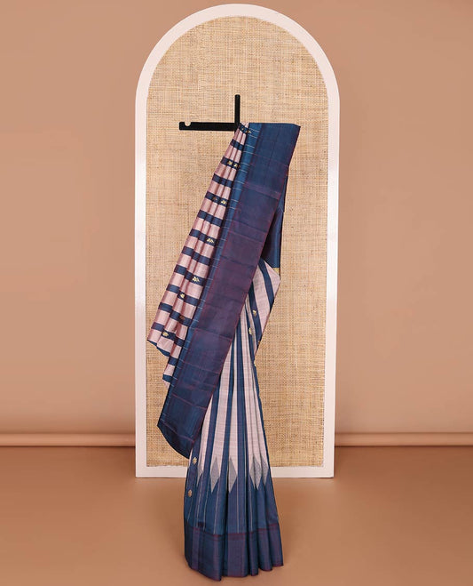 Blue & pink striped kancheepuram silk saree with floral zari buttas, one-sided plain border & zari design pallu