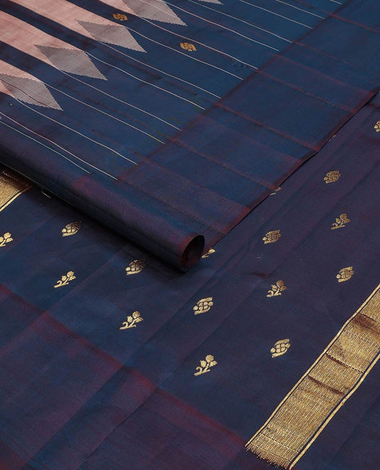 Blue & pink striped kancheepuram silk saree with floral zari buttas, one-sided plain border & zari design pallu