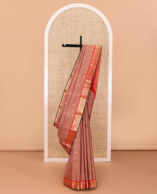 Rosewood pink plain silk saree, contrast border of rekku,muthu,kathir & mayil & jaal pallu
