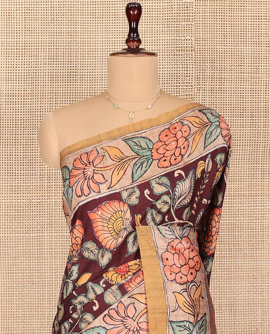Maroon Semi-Tussar Saree Elegantly Printed with Floral Vine, Complemented by a Contrast Kalamkari Floral Creeper Printed Border, Pallu Featuring Animal Motifs Print, and Paired with a Contrast Printed Blouse