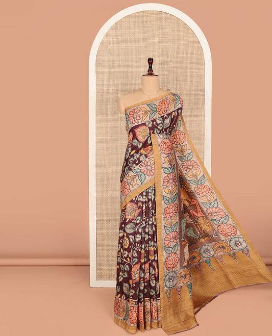 Maroon Semi-Tussar Saree Elegantly Printed with Floral Vine, Complemented by a Contrast Kalamkari Floral Creeper Printed Border, Pallu Featuring Animal Motifs Print, and Paired with a Contrast Printed Blouse