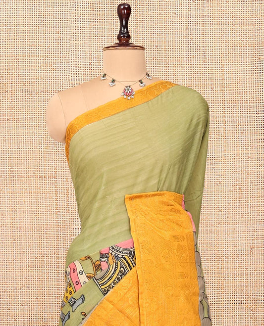 Green Kalamkari Printed Semi-Banarasi Tussar Saree, Enriched with Human Figurines, Contrast Traditional Border, Contrast Human Figurines Pallu, and a Contrast Blouse