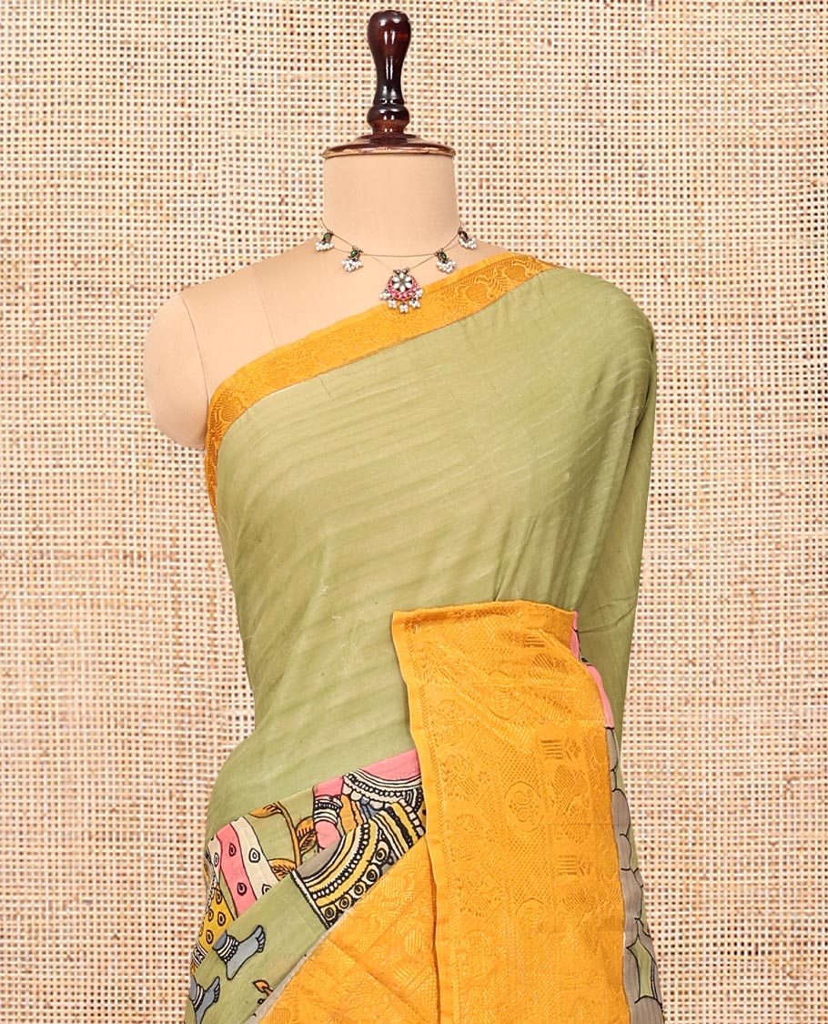 Green Kalamkari Printed Semi-Banarasi Tussar Saree, Enriched with Human Figurines, Contrast Traditional Border, Contrast Human Figurines Pallu, and a Contrast Blouse