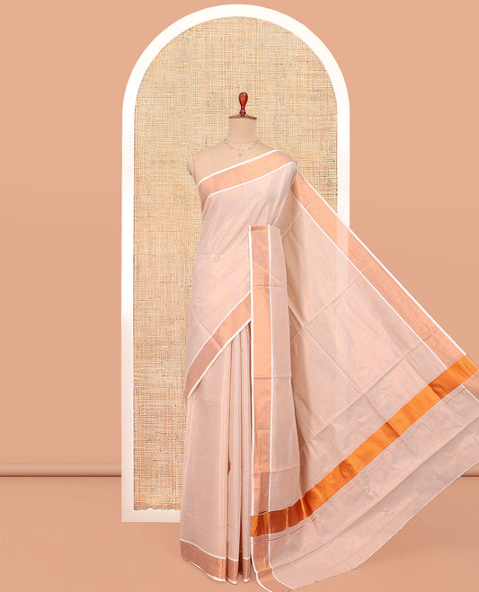 Rosegold Pink Plain Kerala Cotton Saree, a Zari Bavanji Border, a Self-Pallu, and Paired with a Matching Blouse