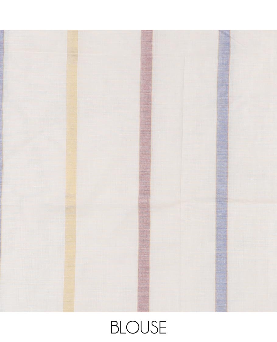 Borderless cream multi-color striped Kerala cotton saree,  striped pallu