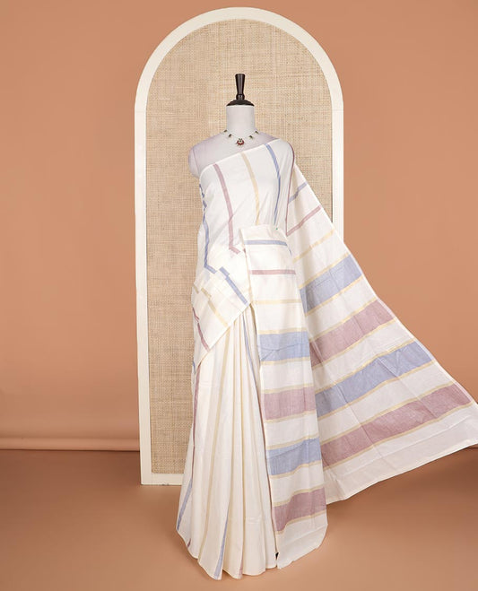 Borderless cream multi-color striped Kerala cotton saree,  striped pallu