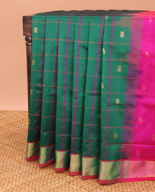 Green checked kuppadam cotton saree with buttas, striped border & contrast pallu of stripes
