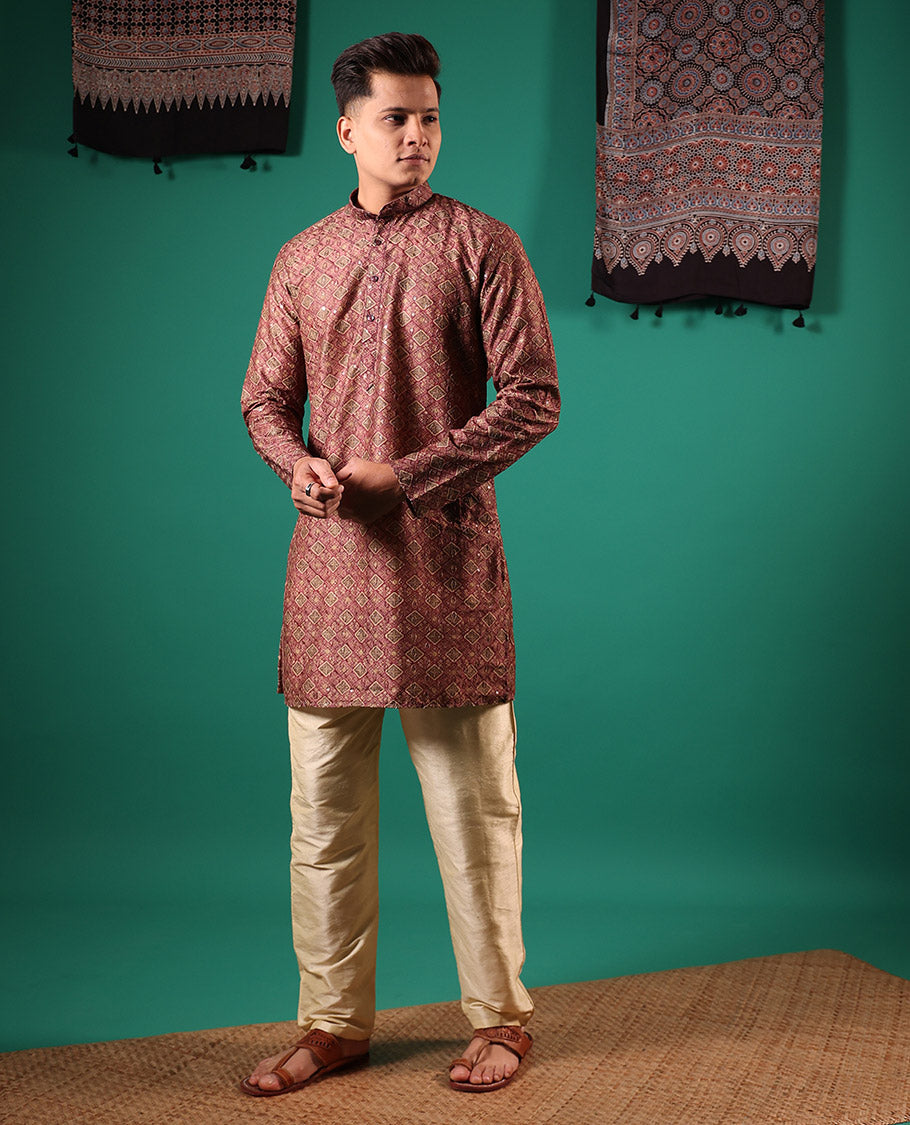 Brown jaal patterns printed with sequins embroidered full-sleeved men's kurta