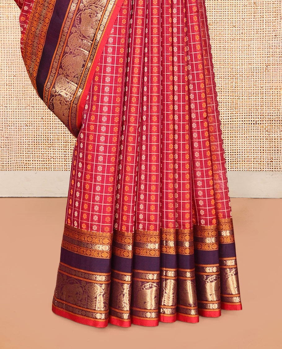 Rani Pink Buttas Enclosed Checked Kuppadam Silk Saree, a Contrast Elephant Border, Matching Blouse