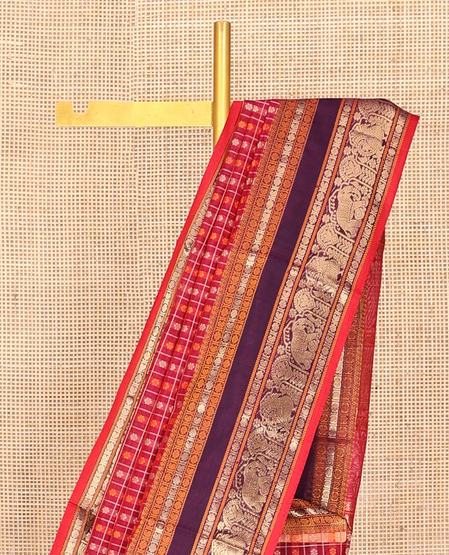 Rani Pink Buttas Enclosed Checked Kuppadam Silk Saree, a Contrast Elephant Border, Matching Blouse
