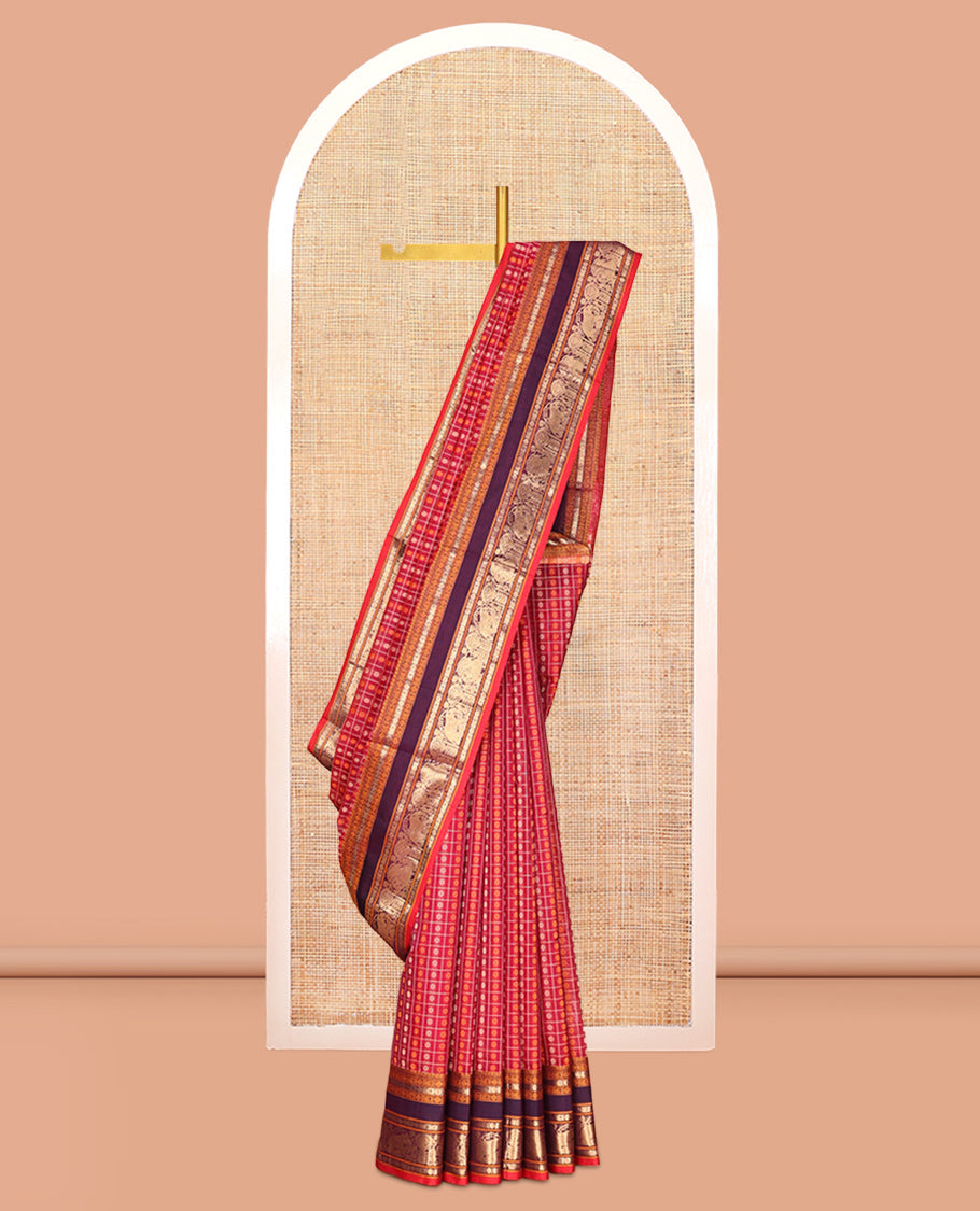 Rani Pink Buttas Enclosed Checked Kuppadam Silk Saree, a Contrast Elephant Border, Matching Blouse