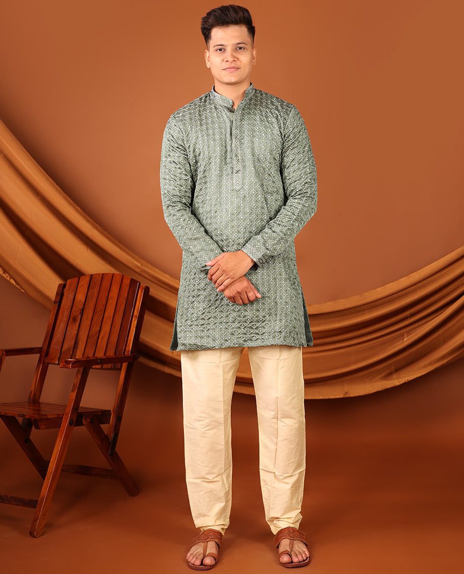 Green Jaal-Design Sequins-Thread Embroidered Full-Sleeved Men's Kurta
