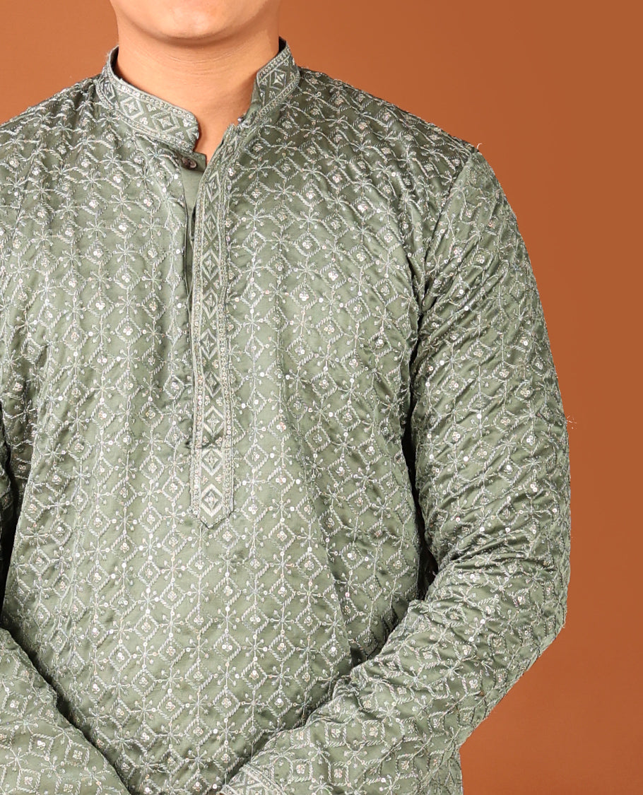 Green Jaal-Design Sequins-Thread Embroidered Full-Sleeved Men's Kurta