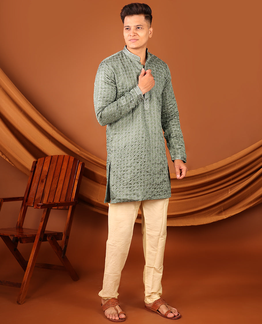 Green Jaal-Design Sequins-Thread Embroidered Full-Sleeved Men's Kurta