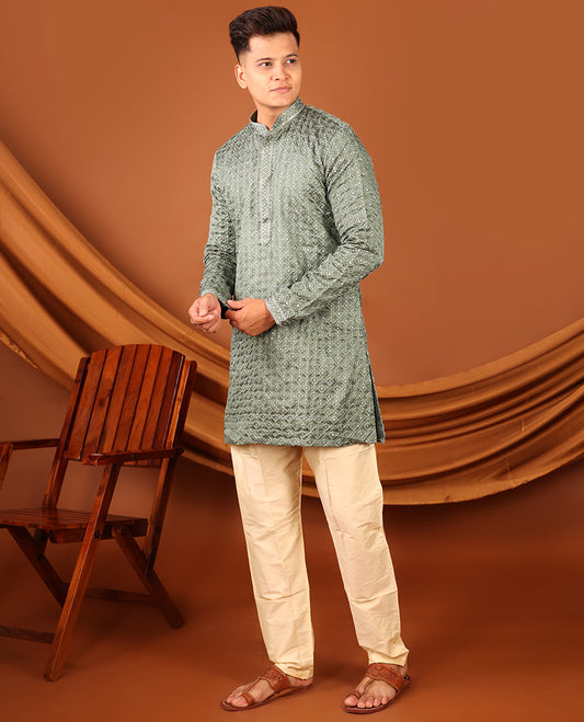 Green Jaal-Design Sequins-Thread Embroidered Full-Sleeved Men's Kurta