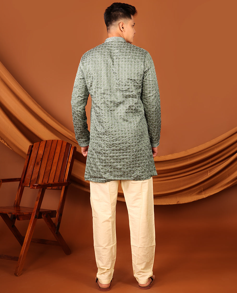 Green Jaal-Design Sequins-Thread Embroidered Full-Sleeved Men's Kurta