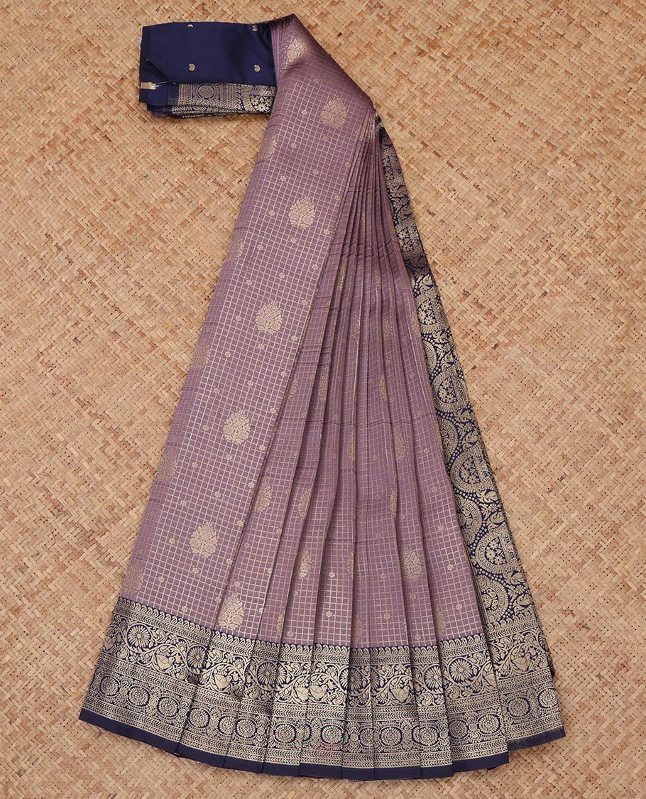 Purple Litchi Saree, Prettified with Zari Buttas and Checks, a Contrast Traditional Zari Border, Grand Pallu, and a Contrast Blouse