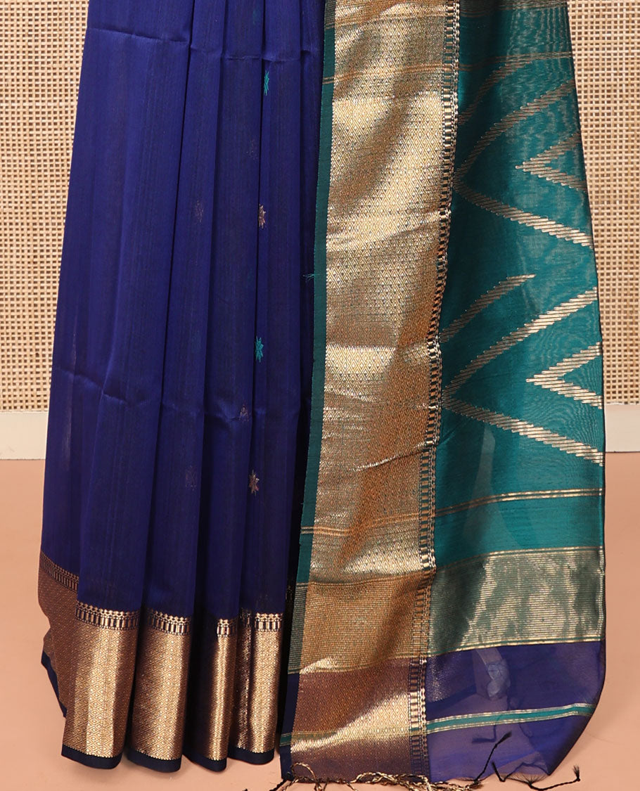 Blue Maheshwari Cotton Saree, Gleamed Up with Zari Buttas on Its Body, Highlighted by a Traditional Zari Design Border, Complemented by a Contrast Pallu of Chevron Designs, and Paired with a Contrast Blouse