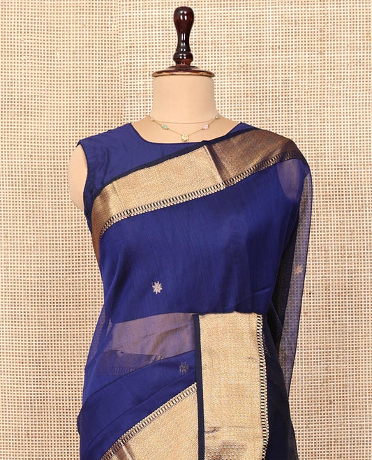 Blue Maheshwari Cotton Saree, Gleamed Up with Zari Buttas on Its Body, Highlighted by a Traditional Zari Design Border, Complemented by a Contrast Pallu of Chevron Designs, and Paired with a Contrast Blouse
