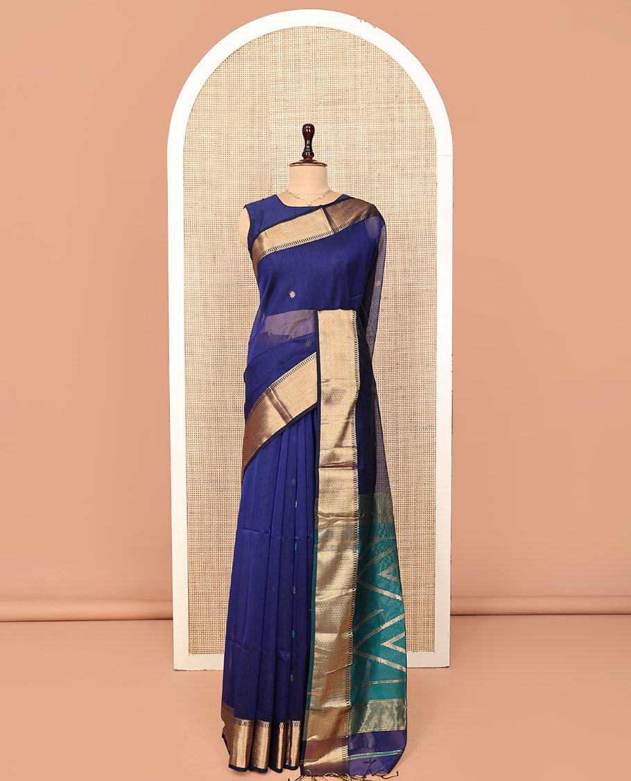 Blue Maheshwari Cotton Saree, Gleamed Up with Zari Buttas on Its Body, Highlighted by a Traditional Zari Design Border, Complemented by a Contrast Pallu of Chevron Designs, and Paired with a Contrast Blouse