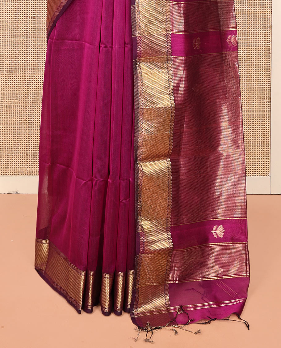 Purple Maheshwari Cotton Saree, Charmingly Accented with Floral Buttas All Over Its Body, Highlighted by  Traditional Zari Border, Pallu Steeped with Gleaming Zari Stripes, and Paired with a Matching Blouse