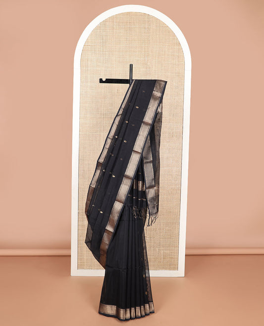 Black motifs maheshwari cotton saree with self zari design border & striped, floral design pallu