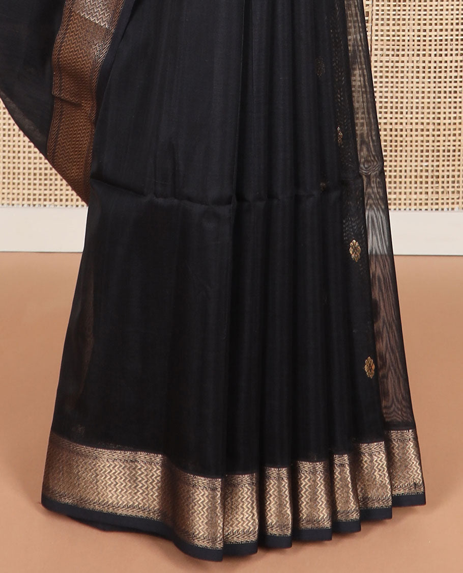 Black motifs maheshwari cotton saree with self zari design border & striped, floral design pallu