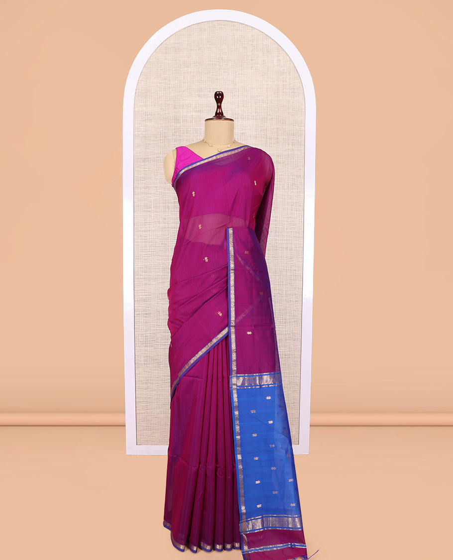 Magenta Maheshwari Cotton Saree, Graced with Buttas, a Subtle Contrast Piping Zari Border, Pallu Gleamed Up with Zari Buttas, and Contrast Blouse