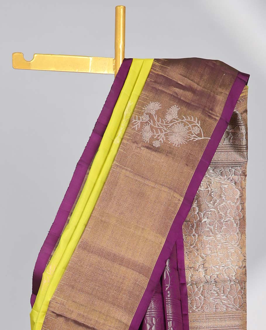 Green floral butta soft silk saree with contrast floral border & floral jacquard pallu