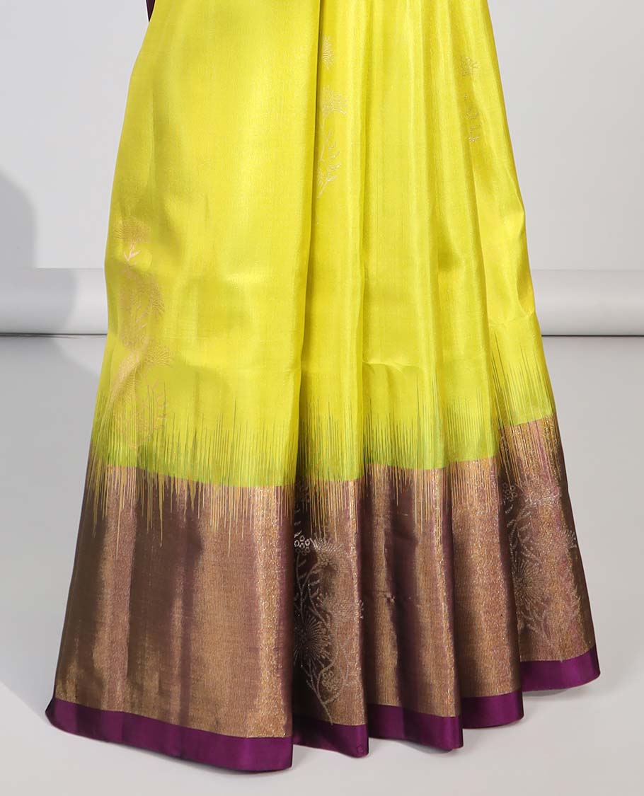 Green floral butta soft silk saree with contrast floral border & floral jacquard pallu