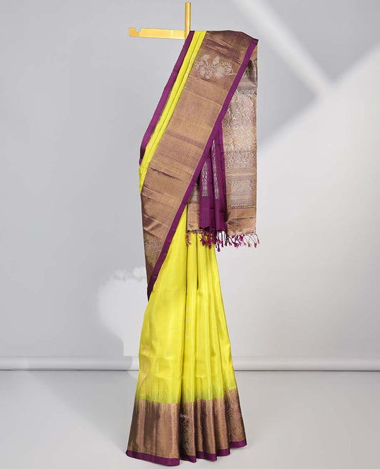 Green floral butta soft silk saree with contrast floral border & floral jacquard pallu