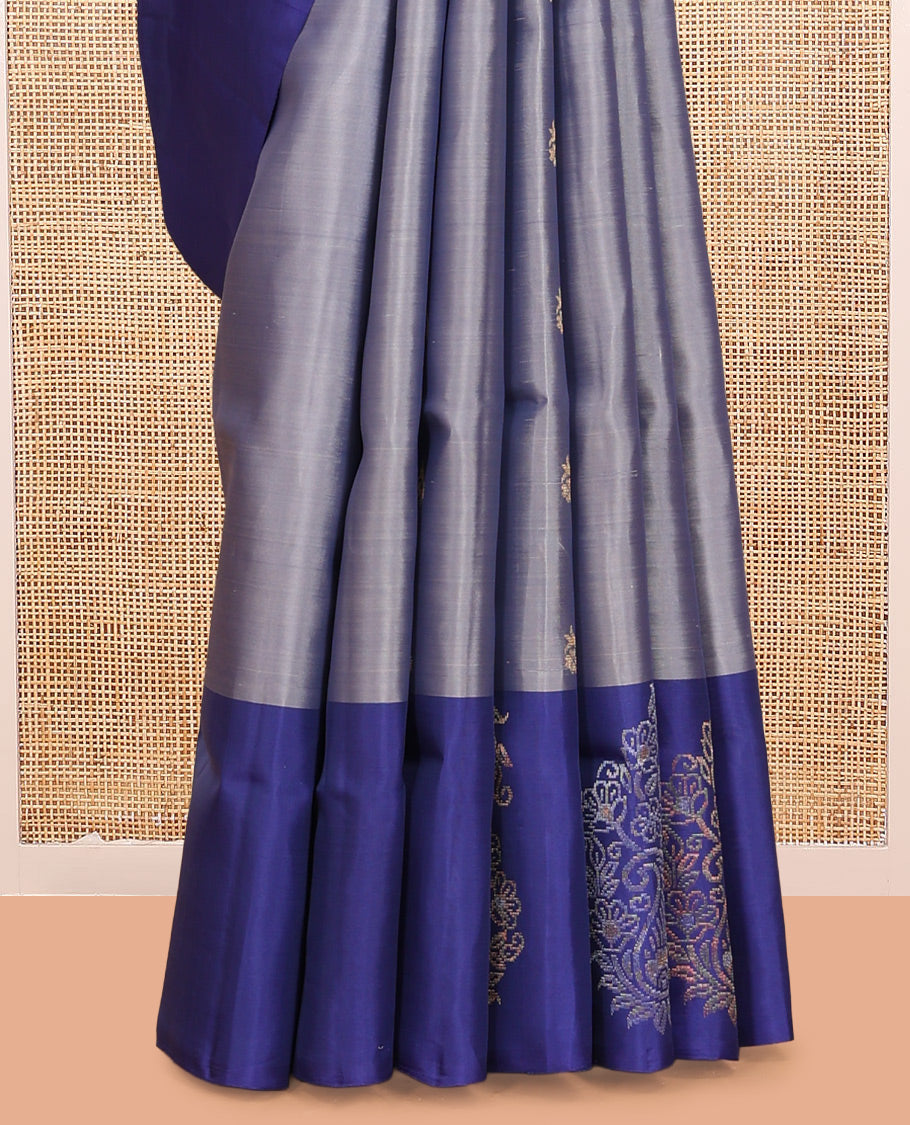 Blue Mayuri Lite Silk Mix Saree, Elevated with Floral Zari Buttas, Complemented By Contrast Border of Paisley Buttas, a Grand Jaal Pallu, and a Contrast Blouse