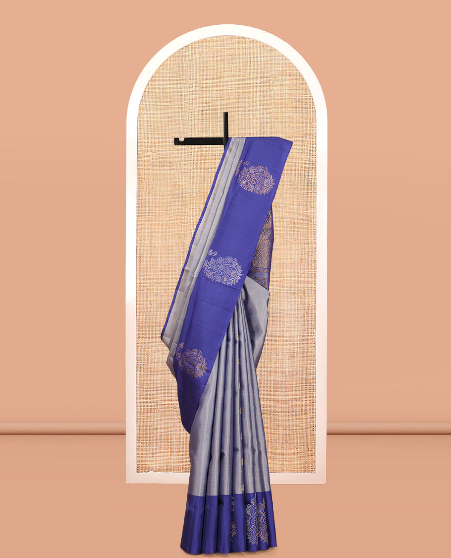 Blue Mayuri Lite Silk Mix Saree, Elevated with Floral Zari Buttas, Complemented By Contrast Border of Paisley Buttas, a Grand Jaal Pallu, and a Contrast Blouse