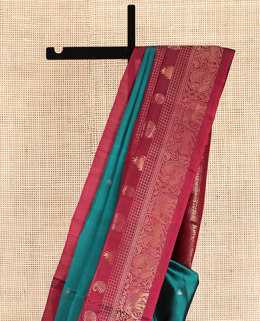 Green Mayuri Lite Silk Mix Saree, Features Rekku- Manga Buttas, Contrast Border of Rekku, Manga, Mayil and Yaanai, and Grand Pallu and a Contrast Blouse