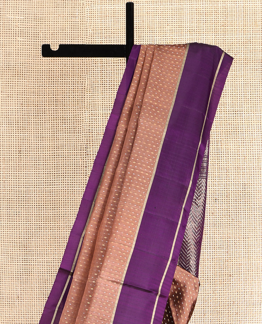 Peach Mayuri Soft Silk Saree, Subtly Steeped with Buttas, Contrast Border, Pallu of Vanki Designs, and a Contrast Blouse