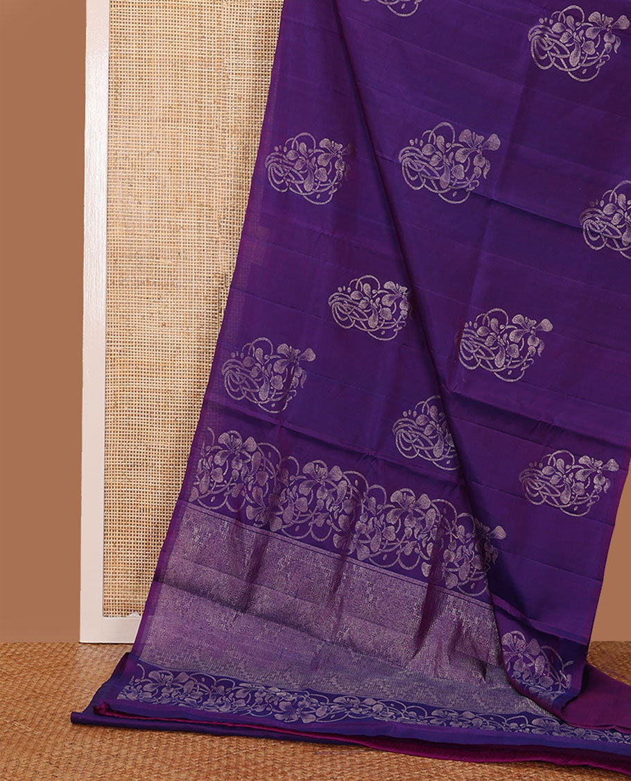 Borderless Violet Mayuri Soft Silk Saree Prettified with Zari Buttas All Over Its Body, Highlighted by Pallu of Geometric Designs, and Paired with a Matching Blouse