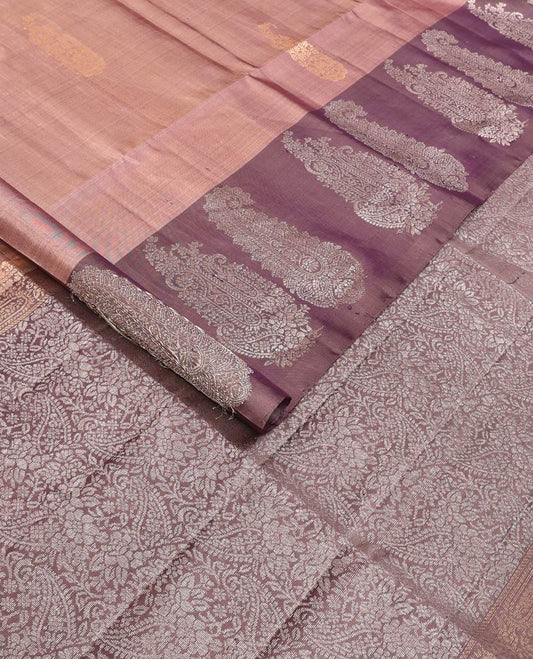 Brown paisley buttas soft silk saree, contrast paisley buttas woven border, and pallu of paisley jaal designs