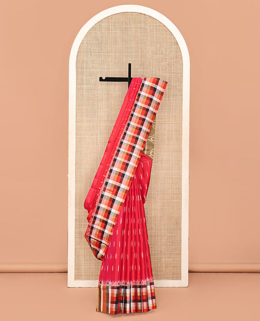 Red Mayuri Soft Silk Saree, Mesmerized with Ikkat Buttas All Over Its Body, Complemented by Contrast Checked Border, Artfully Ikkat Textures Woven Pallu, and Paired with a Contrast Blouse