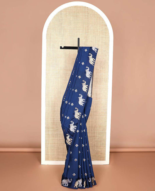 Blue floral motifs mushru silk saree with self elephant  design border & argyle, elephant design pallu