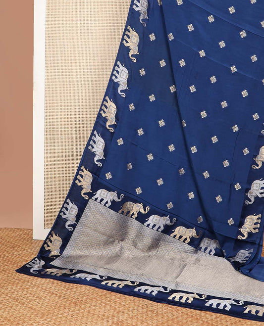 Blue floral motifs mushru silk saree with self elephant  design border & argyle, elephant design pallu