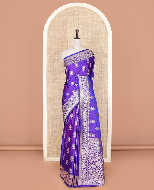 Violet zari buttas mushru silk saree, floral creeper design border, and intricately designed pallu